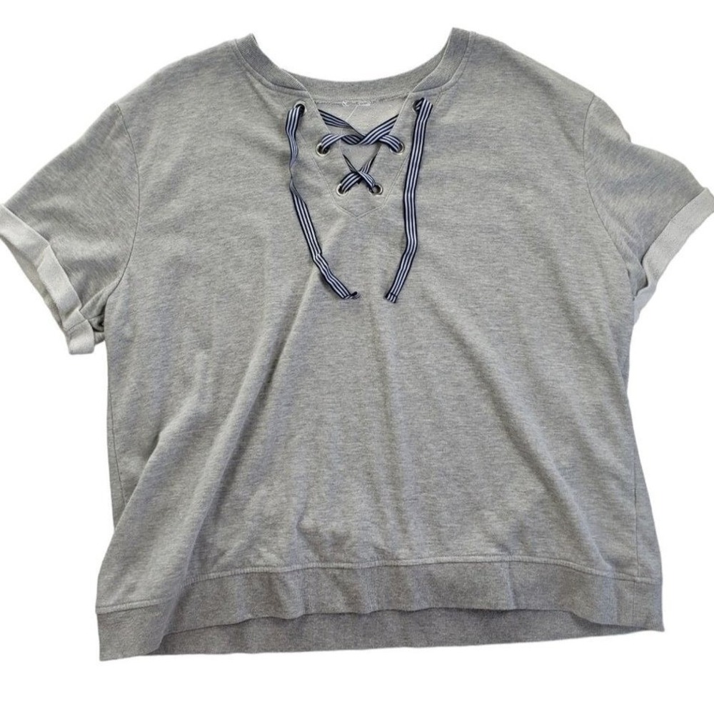 Lace Up‎ Short Sleeve Sweatshirt Heather Grey Striped Tie Pullover Top